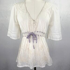 Y2K Monsoon Fairycore Cottage Boho Embroidered Cotton Top Coquette UK 10 US 6